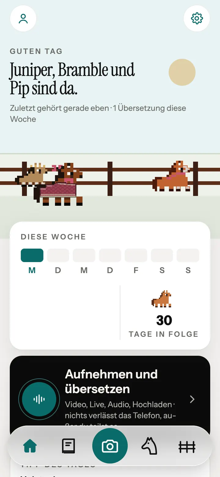 Der Startbildschirm der Neigh-App, mit Pixelpferden am Zaun.