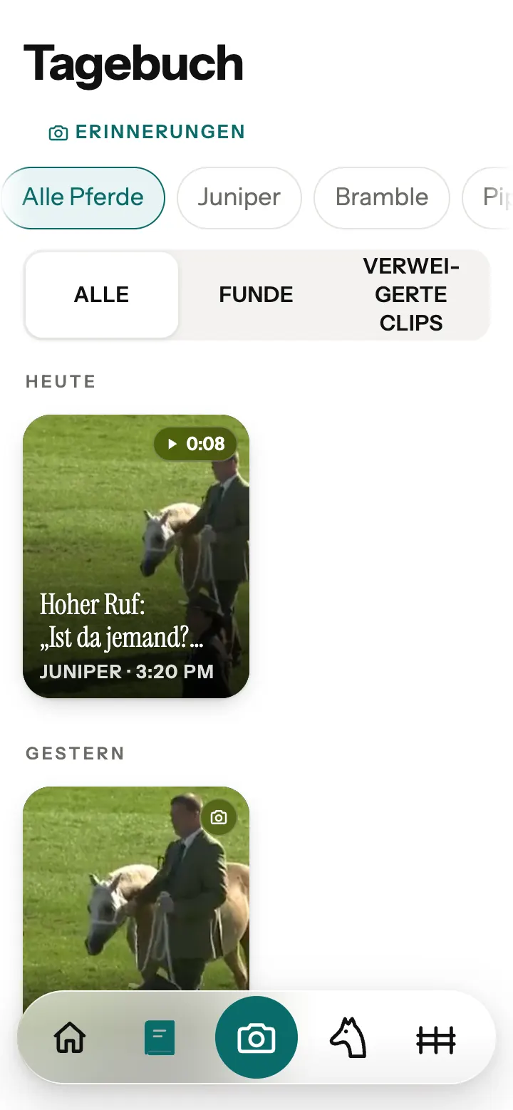 Das Journal in der Neigh-App, mit einer gespeicherten Übersetzung und Fotos.