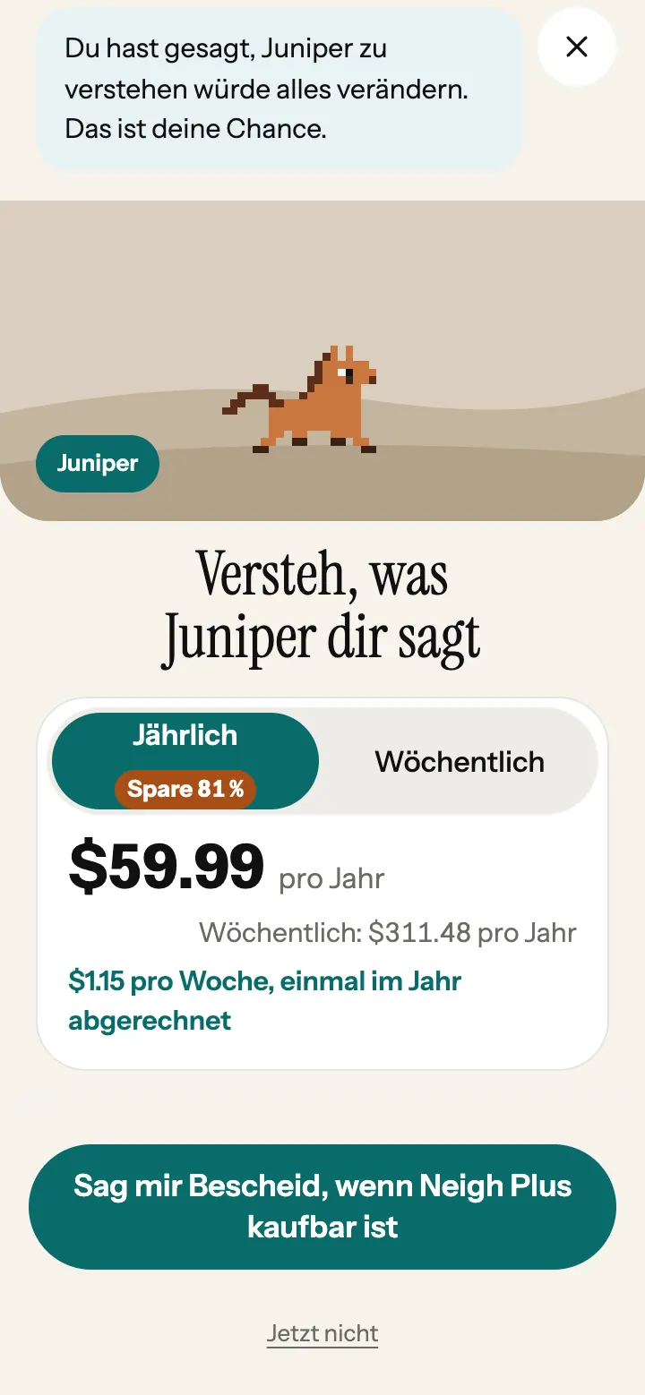 Die Tarifübersicht von Neigh Plus in der App, mit beiden Tarifen und ihren Preisen.