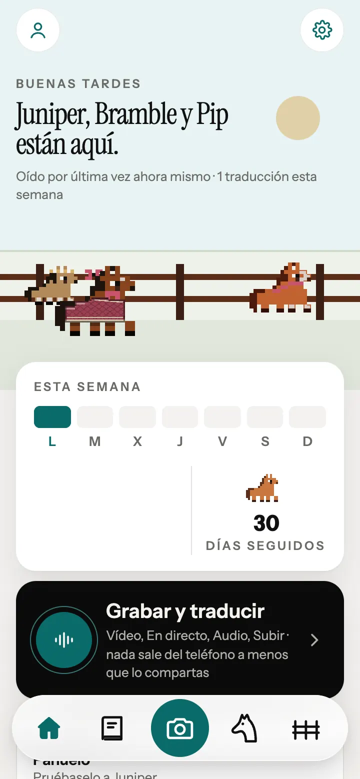 La pantalla de inicio de la app Neigh, con caballos de píxeles junto a la valla.