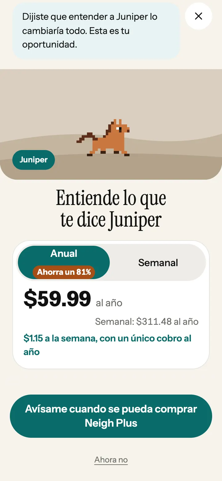 La hoja de planes de Neigh Plus en la app, con los dos planes y sus precios.