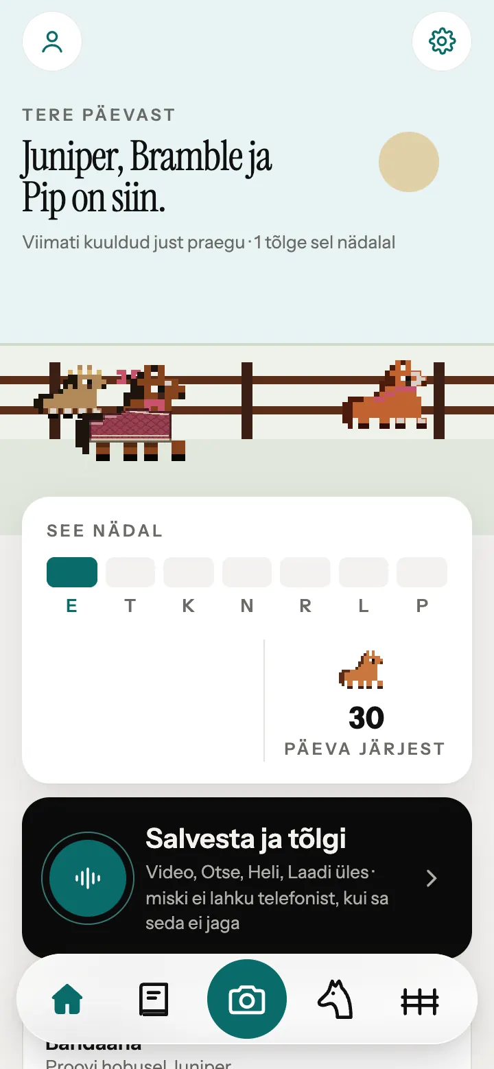 Neigh’ rakenduse avaleht pikslihobustega aia ääres.