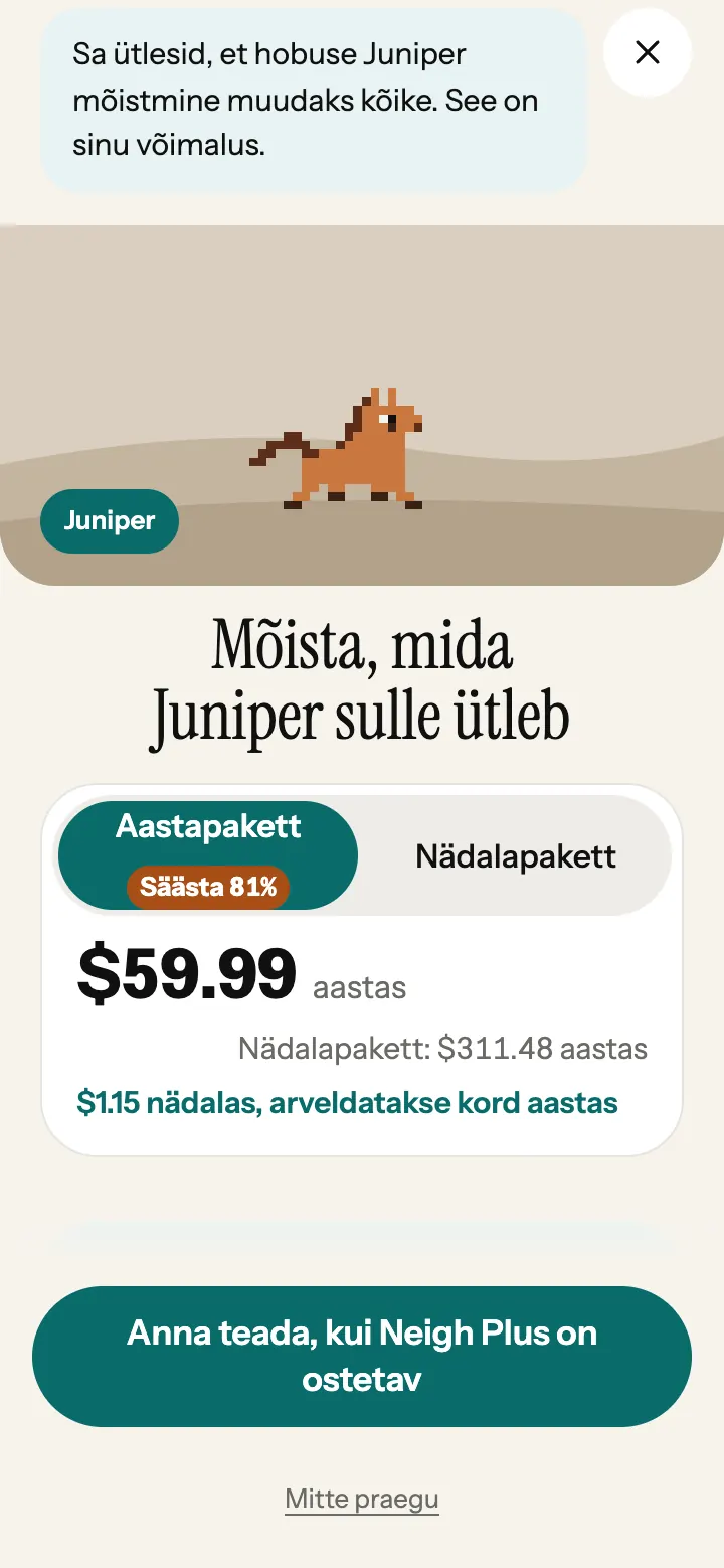 Neigh Plusi paketivaade rakenduses, mõlema paketi ja nende hindadega.