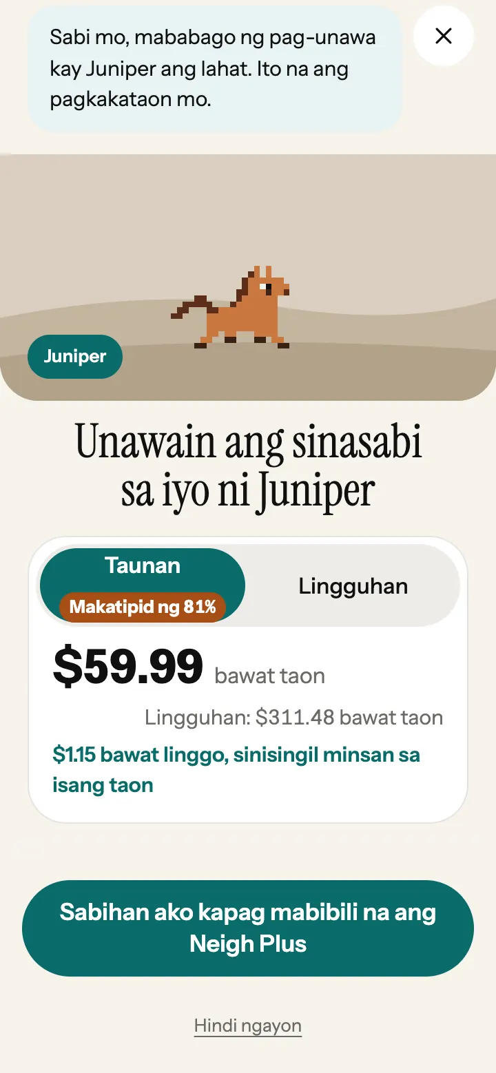 Ang plan sheet ng Neigh Plus sa app, kasama ang dalawang plan at ang presyo nila.