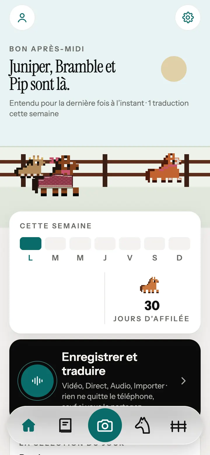 L’écran d’accueil de l’appli Neigh, avec des chevaux en pixels près de la clôture.