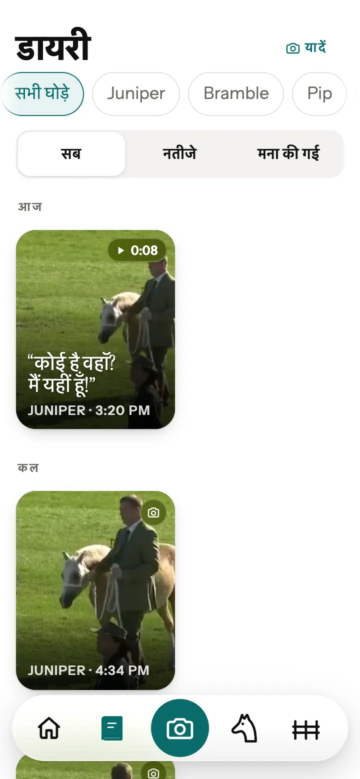Neigh ऐप का जर्नल, एक रखे गए अनुवाद और तस्वीरों के साथ।