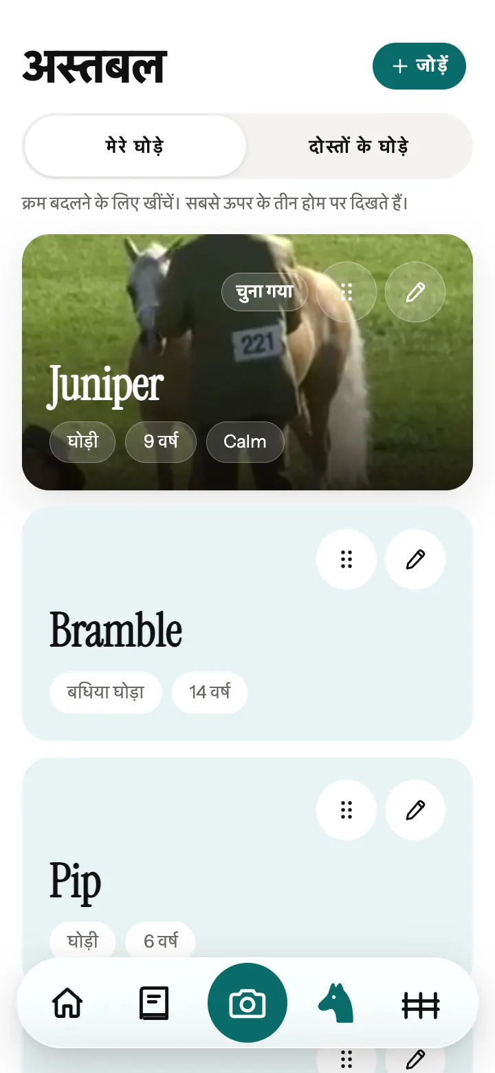 Neigh ऐप का अस्तबल: हर घोड़े का कार्ड, उसके लिंग और उम्र के साथ।