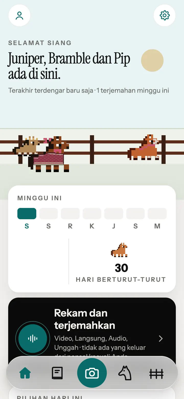 Layar Beranda aplikasi Neigh, dengan kuda piksel di dekat pagar.