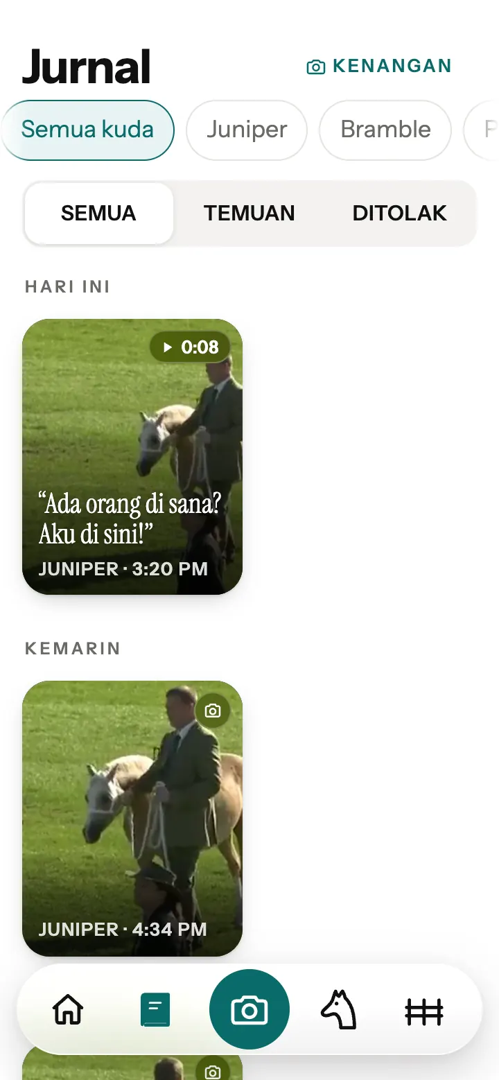 Jurnal di aplikasi Neigh, dengan satu terjemahan tersimpan dan foto.
