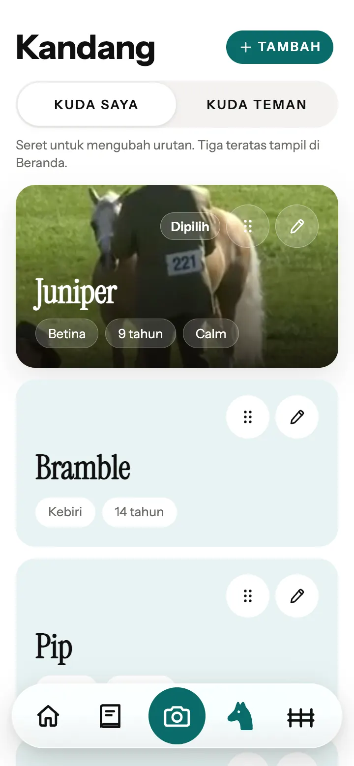 Kandang di aplikasi Neigh: satu kartu untuk setiap kuda, dengan jenis kelamin dan umurnya.