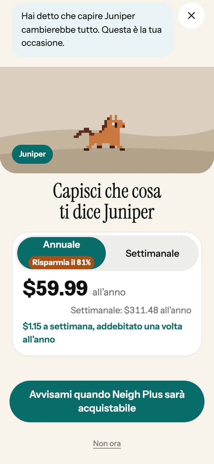 La schermata dei piani Neigh Plus nell’app, con entrambi i piani e i loro prezzi.