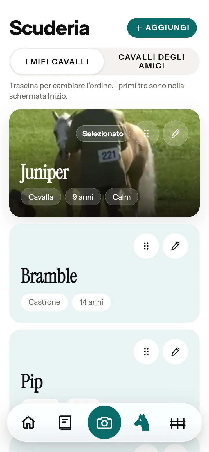 La Scuderia nell’app Neigh: una scheda per ogni cavallo, con sesso ed età.