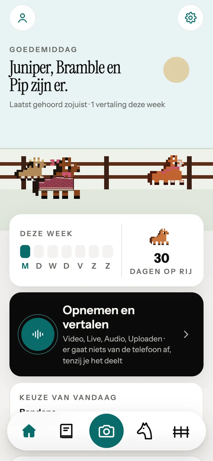 Het startscherm van de Neigh-app, met pixelpaarden bij het hek.