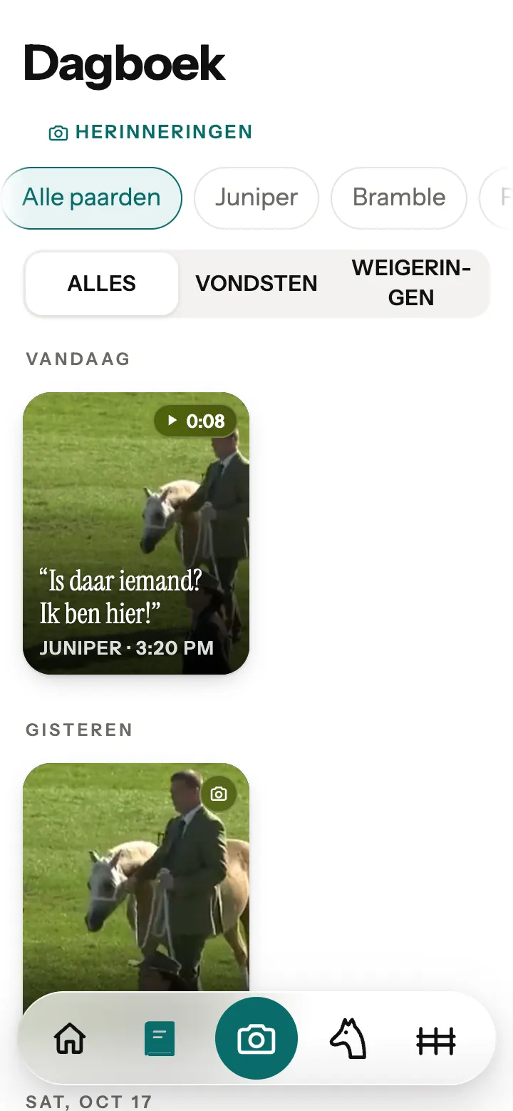 Het Dagboek in de Neigh-app, met een bewaarde vertaling en foto’s.