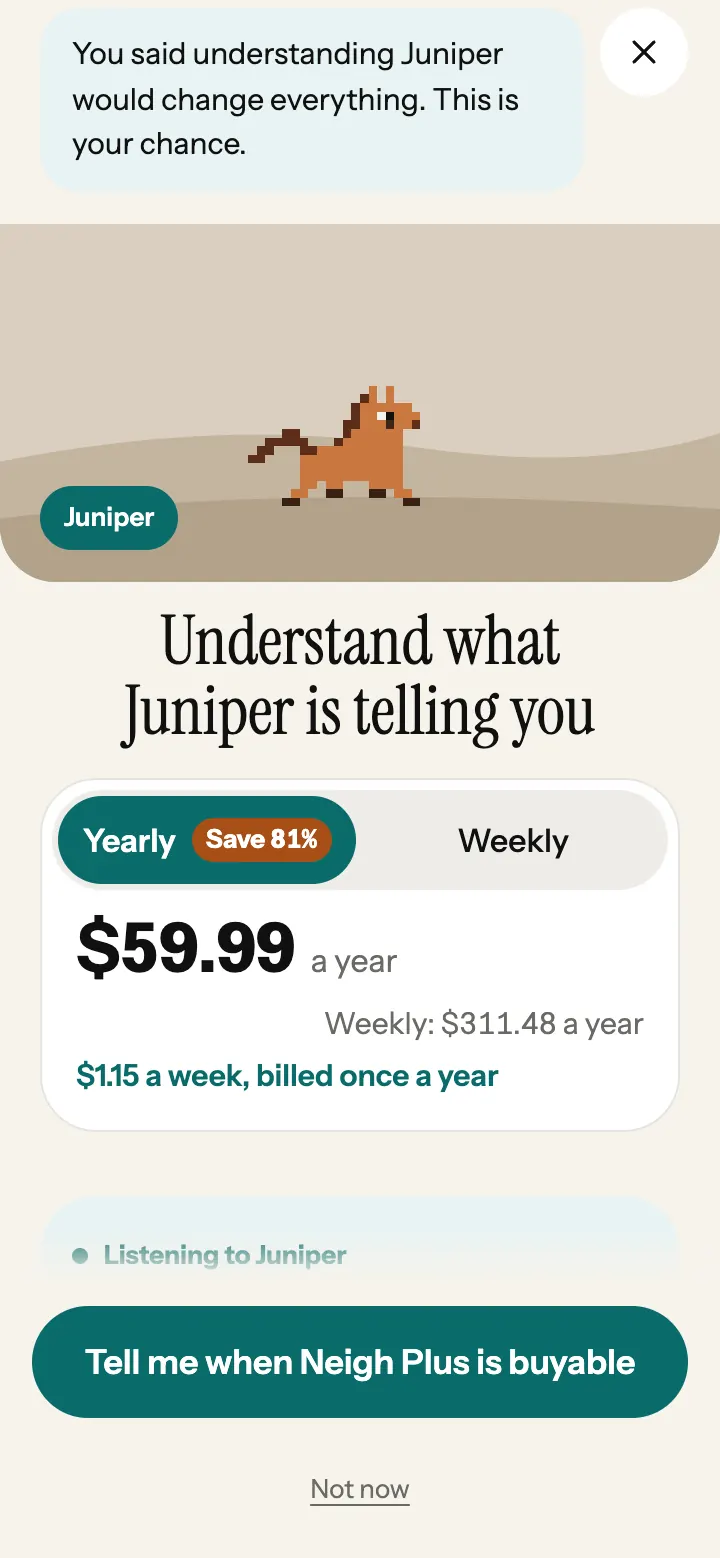 The Neigh Plus plan sheet in the app, with both plans and their prices.