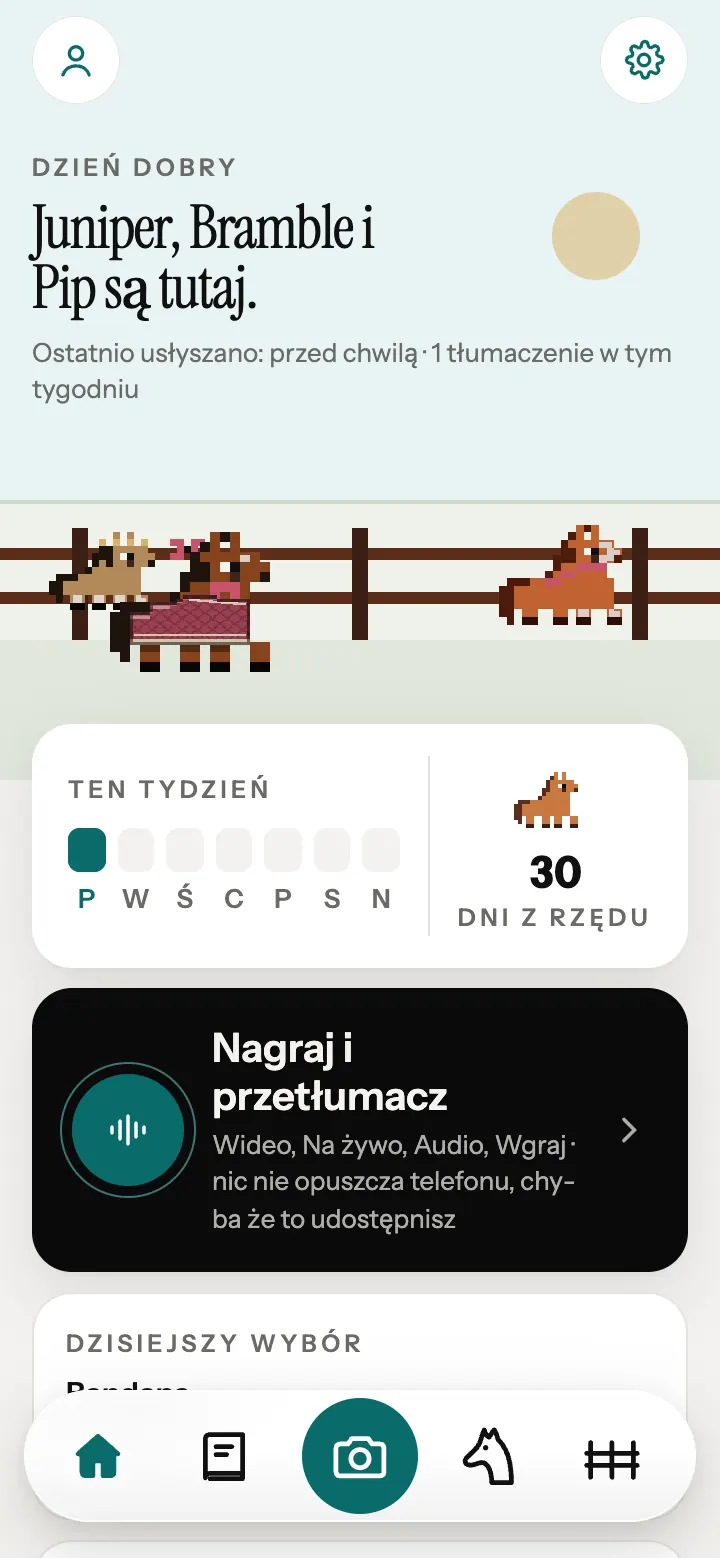 Ekran startowy aplikacji Neigh z pikselowymi końmi przy ogrodzeniu.