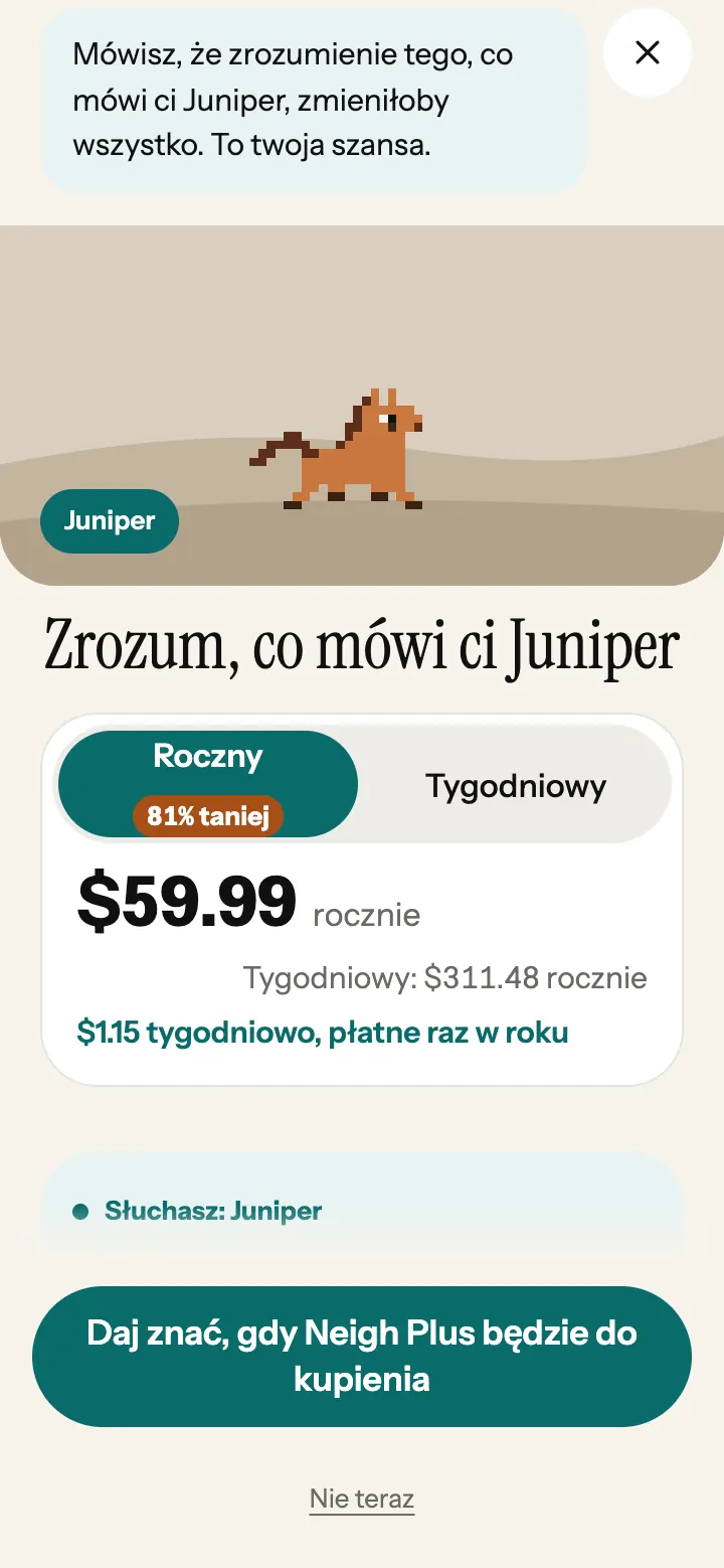 Ekran planów Neigh Plus w aplikacji z oboma planami i ich cenami.