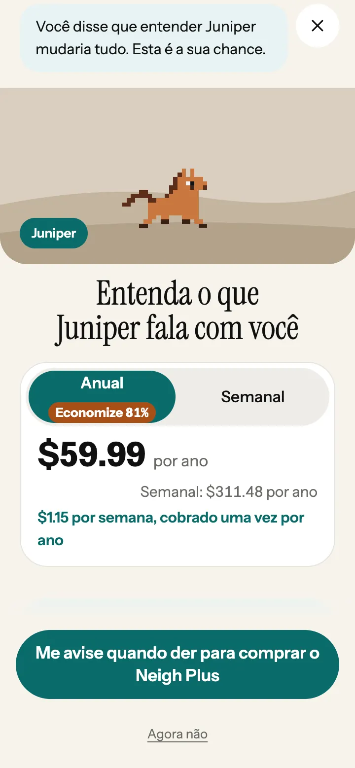 A tela de planos do Neigh Plus no app, com os dois planos e seus preços.