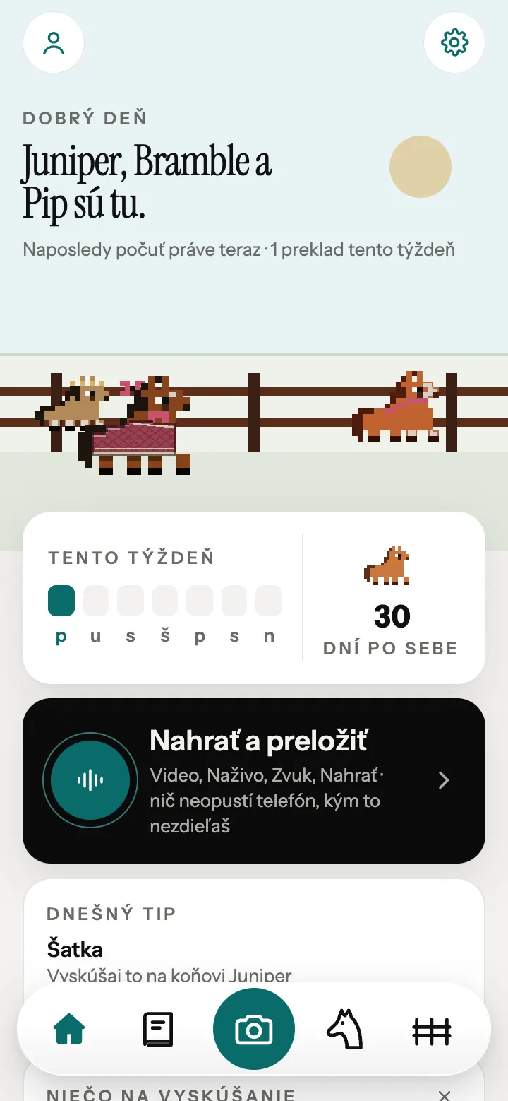 Domovská obrazovka aplikácie Neigh s pixelovými koňmi pri ohrade.