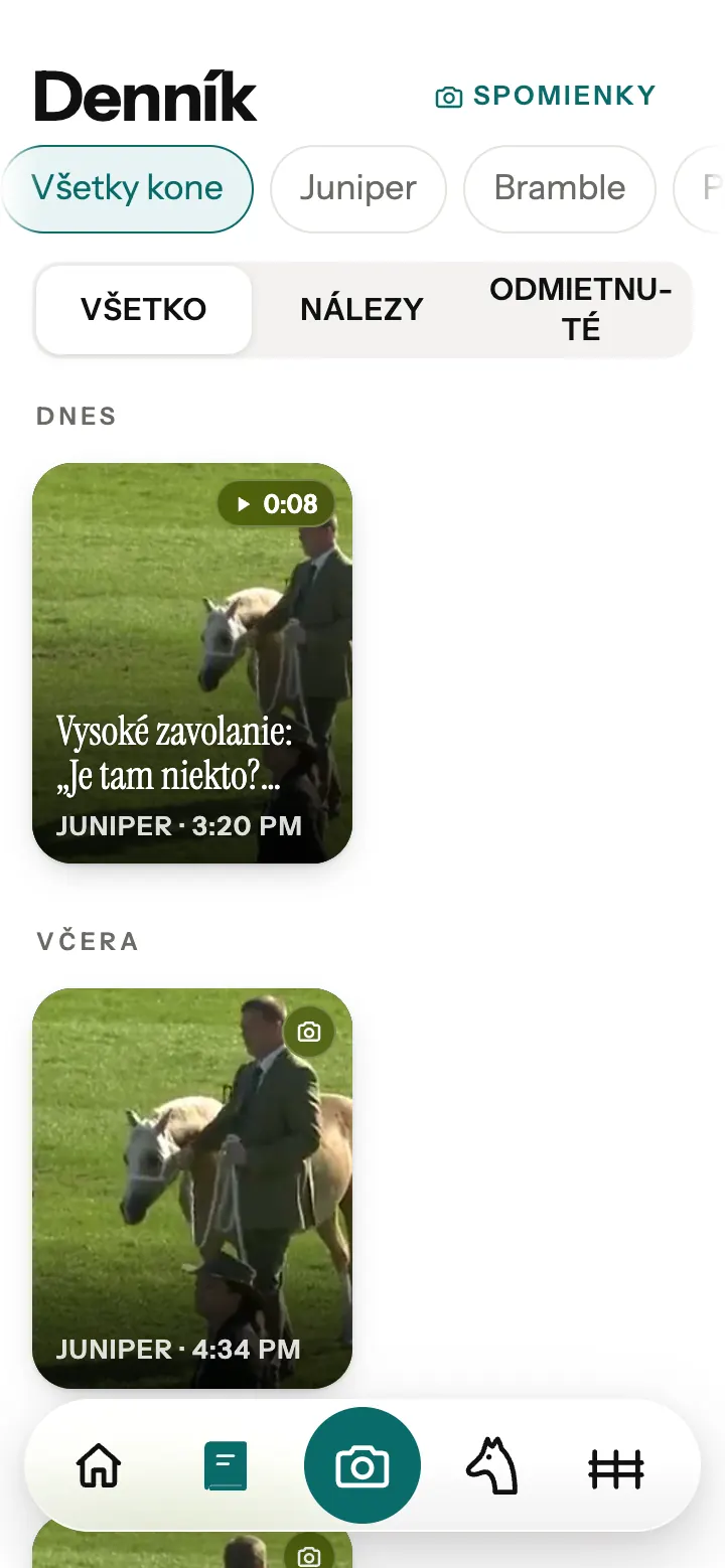 Denník v aplikácii Neigh s uloženým prekladom a fotkami.