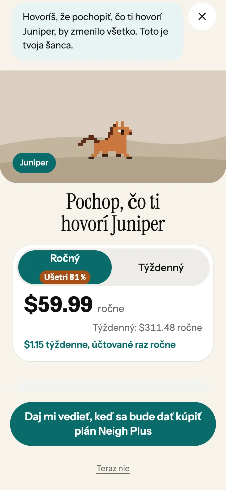 Ponuka Neigh Plus v aplikácii s oboma plánmi a ich cenami.
