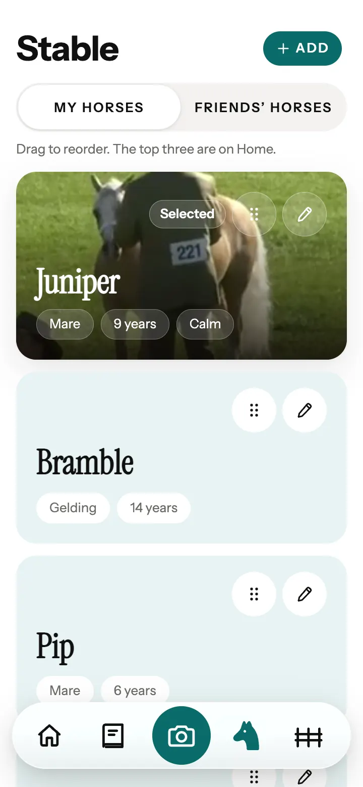 The Stable in the Neigh app: a card for each horse, with its sex and age.