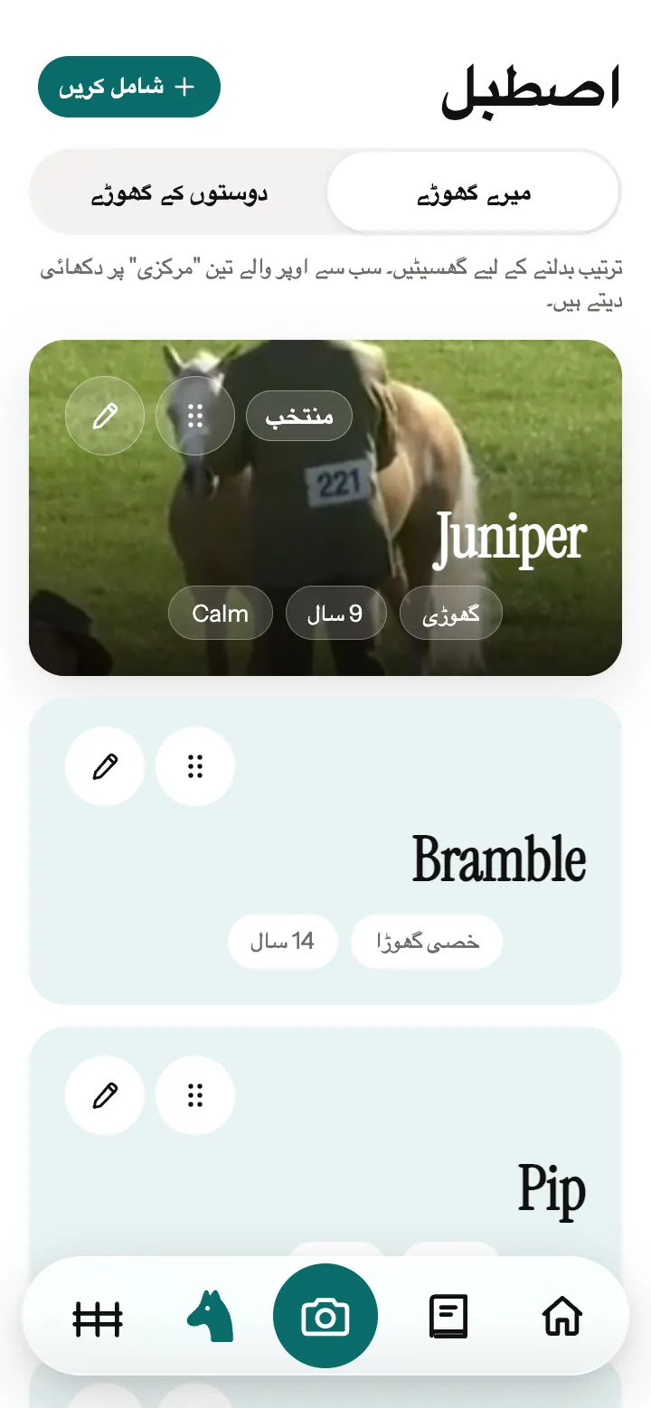 Neigh ایپ کا اصطبل: ہر گھوڑے کا کارڈ، اس کی جنس اور عمر کے ساتھ۔